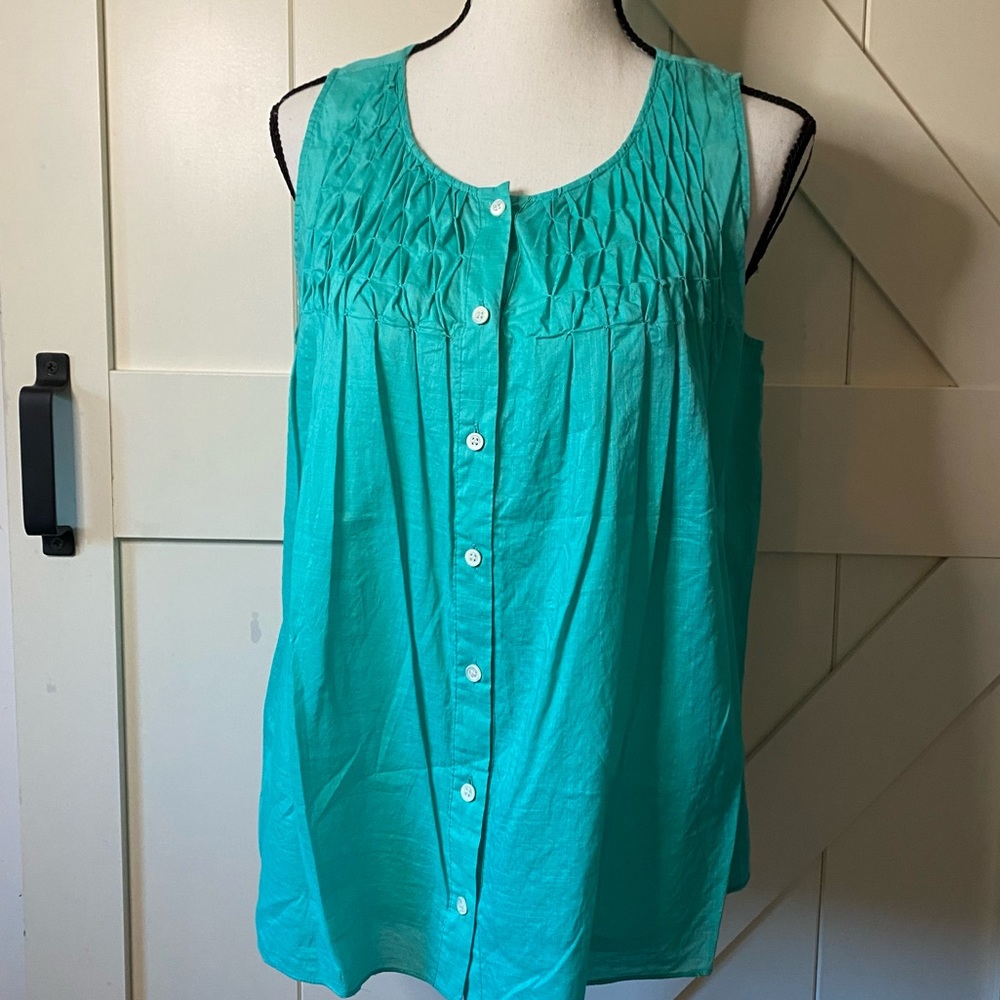 J. Crew Womens Top Green Button Front Smocked Bodice Sleeveless